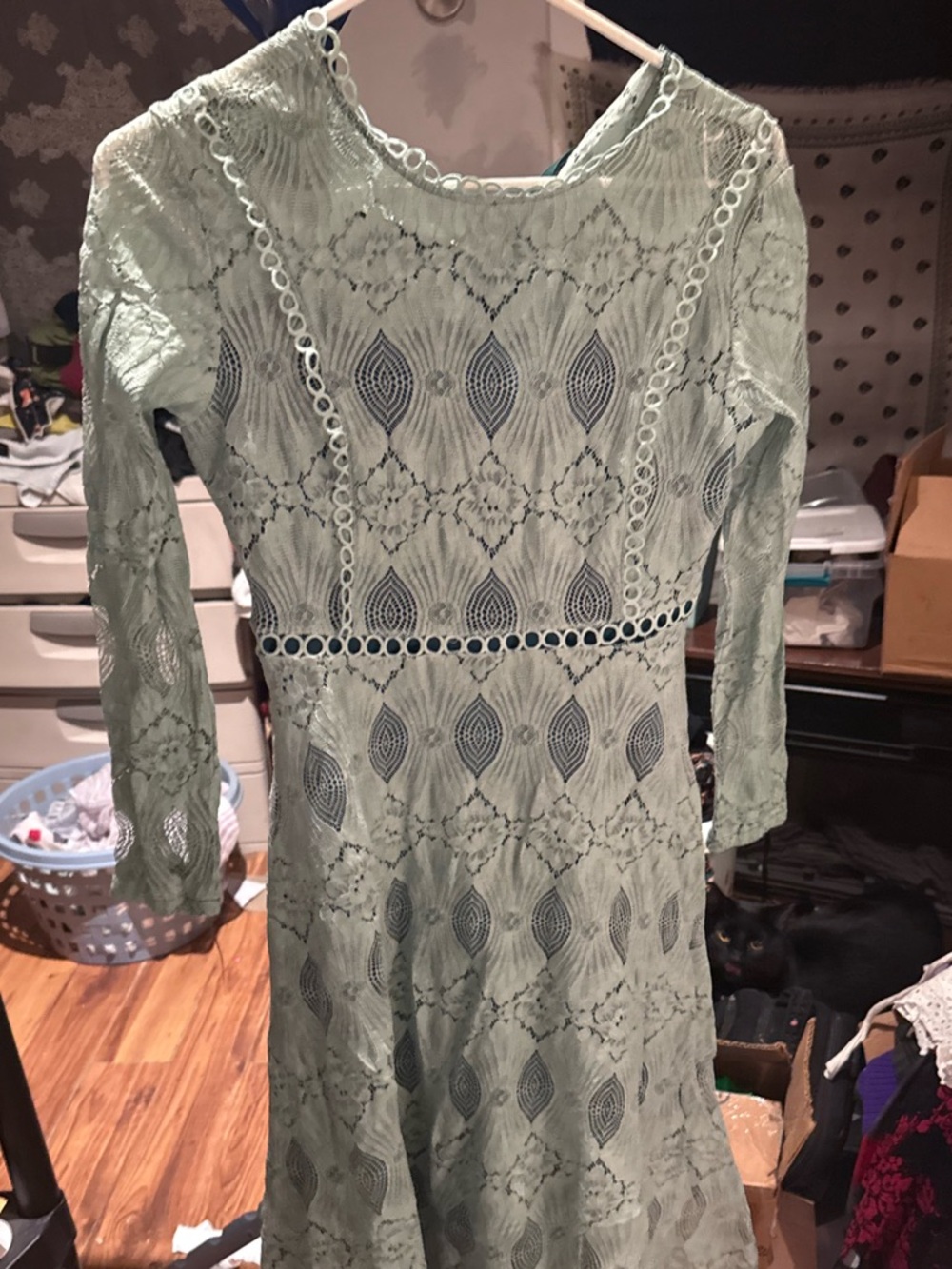 Long-Sleeve Lace Midi Dress in Sage Green